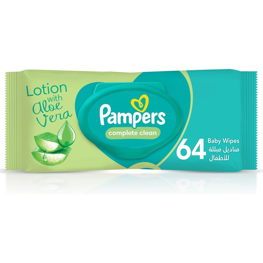 Pampers Complete Clean Baby Wipes, Aloe Vera Lotion, Gentle and Natural, 64 Count