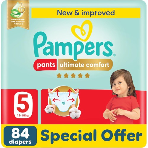 Pampers Ultimate Comfort Pants, Size 5 (12-18kg), Aloe Vera & Vitamin E, 84 Diapers