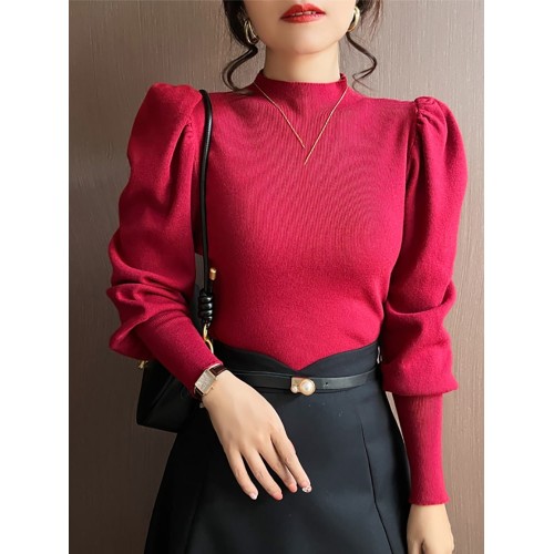 Women's Turtleneck Slim Fit Knit Sweater – Puff Sleeve Stretch Jumper (Autumn/Winter 2024)