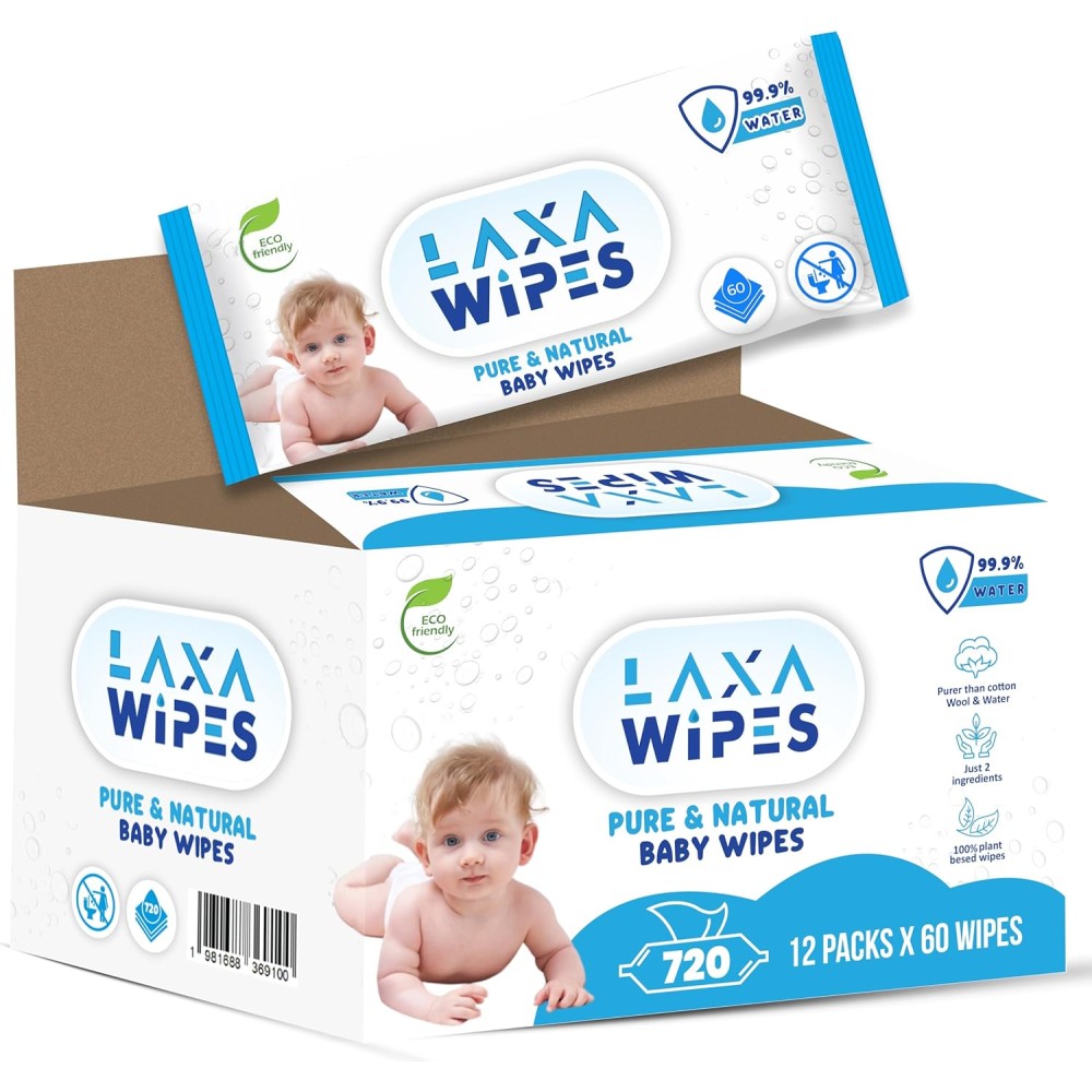 LaxaWipes Mega Value Box Baby Wipes, 12 Pouches x 60 Sheets (720 Wipes), Hypoallergenic & Biodegradable