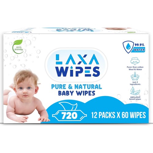 LaxaWipes Original Biodegradable Baby Wipes, Unscented & Water-Based, Sensitive Skin, 720 Count (12 Packs)