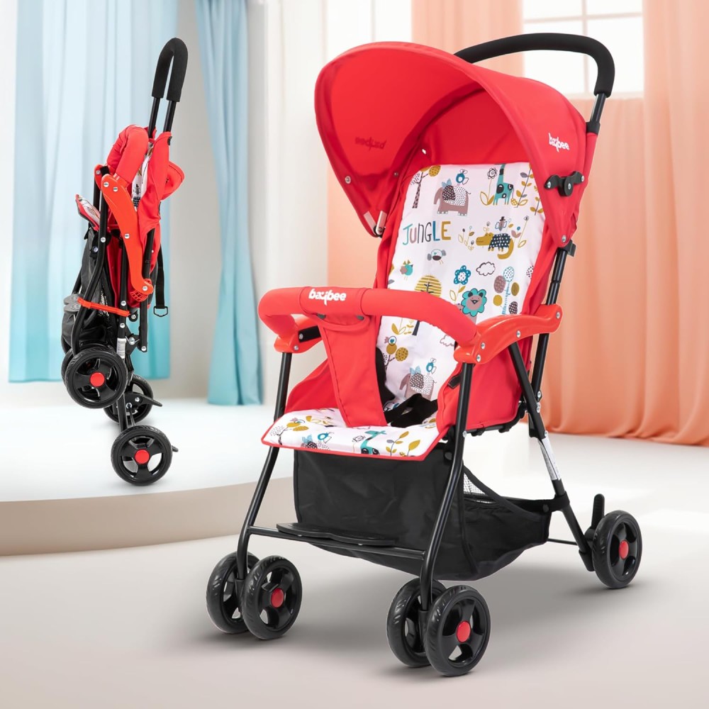 Baybee Lightweight Foldable Baby Stroller – Adjustable Backrest, Canopy & Safety Harness (Red)