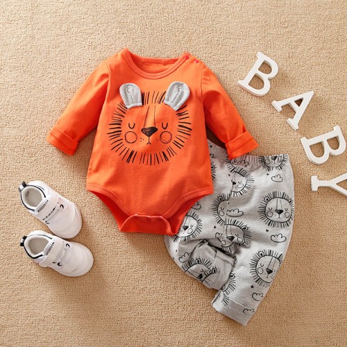 Newborn Baby Animal Print Cotton Set - Orange Lion Long Sleeve and Pants, 0-18 Months