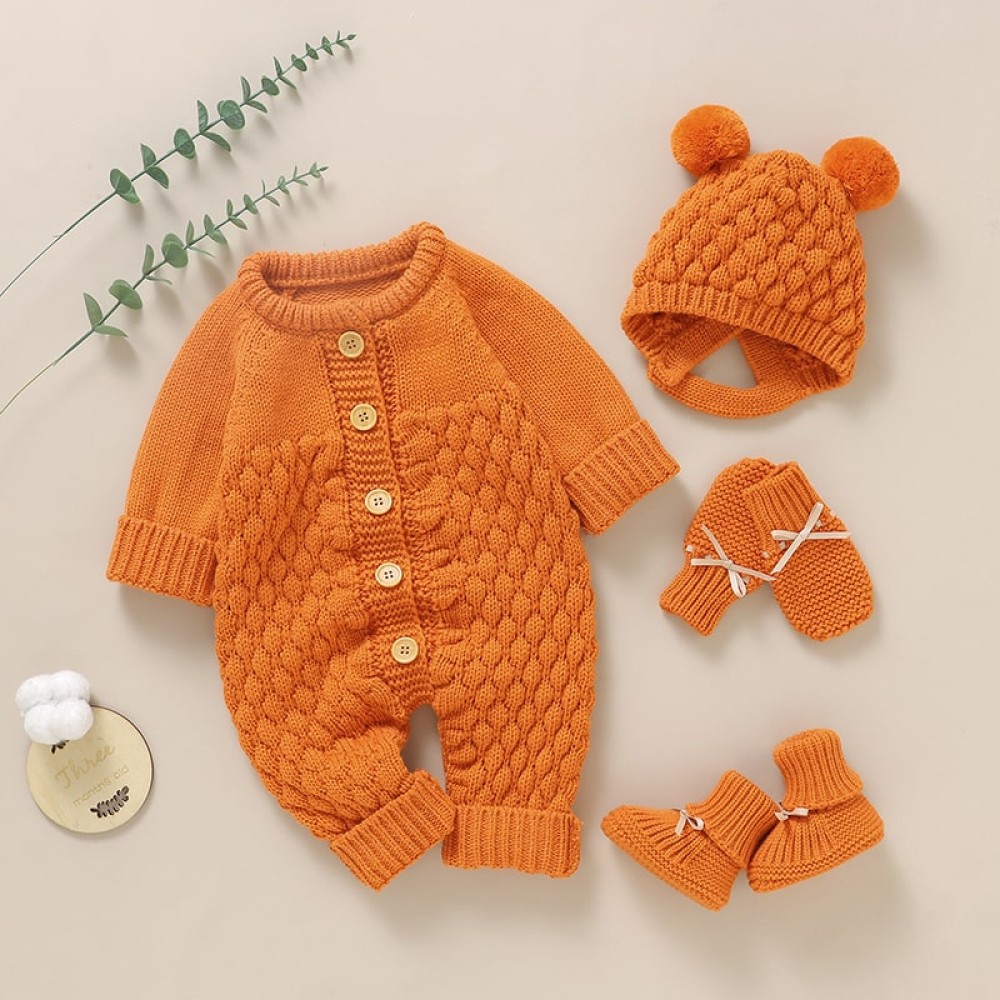 Newborn Baby Knitted Romper Gloves Shoes Set - 4PC Solid Infant Clothing Outfit