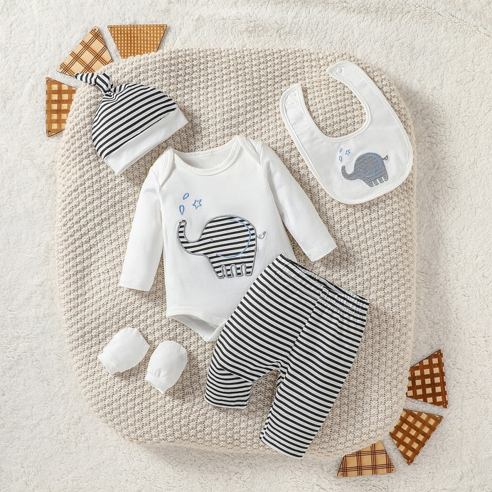 4-Piece Baby Boy's Cartoon Elephant Outfit Set – Pantsuit, Hat, Gloves, & Bib