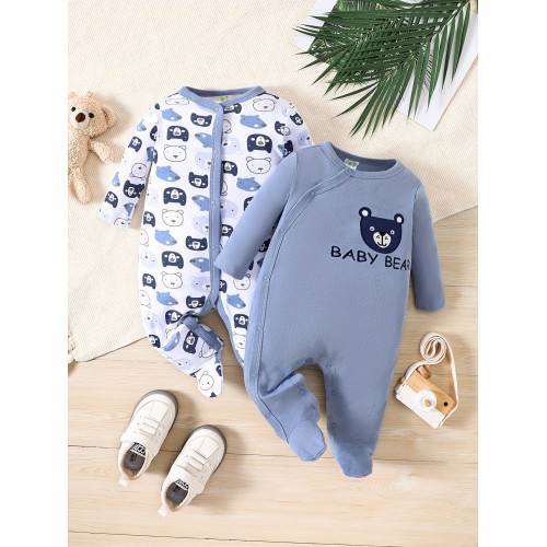 2-Piece Baby Four Seasons Tie Feet Bodysuit – Boys’ Little Bear Cotton Romper (3-12M)