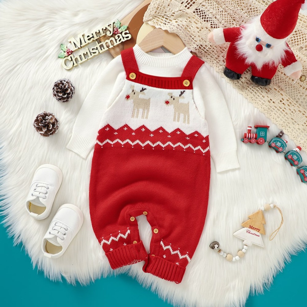 Baby Christmas Reindeer Romper - Sleeveless Knit Jumpsuit for Infants 0-18 Months