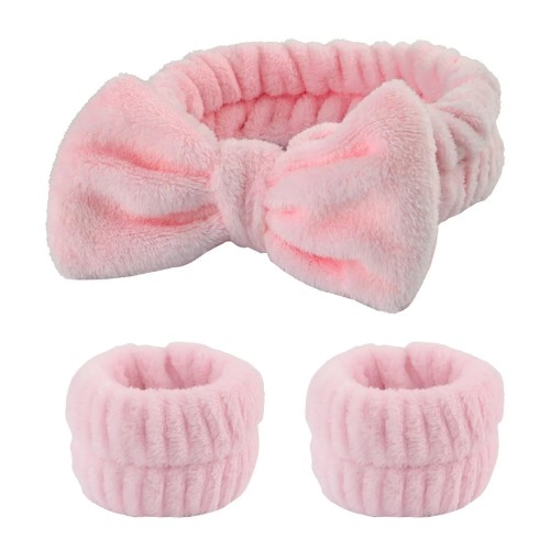 3Pcs Bow Headband & Wristband Set | Soft Elastic Towel for Face Washing, Skincare, Yoga & Sports