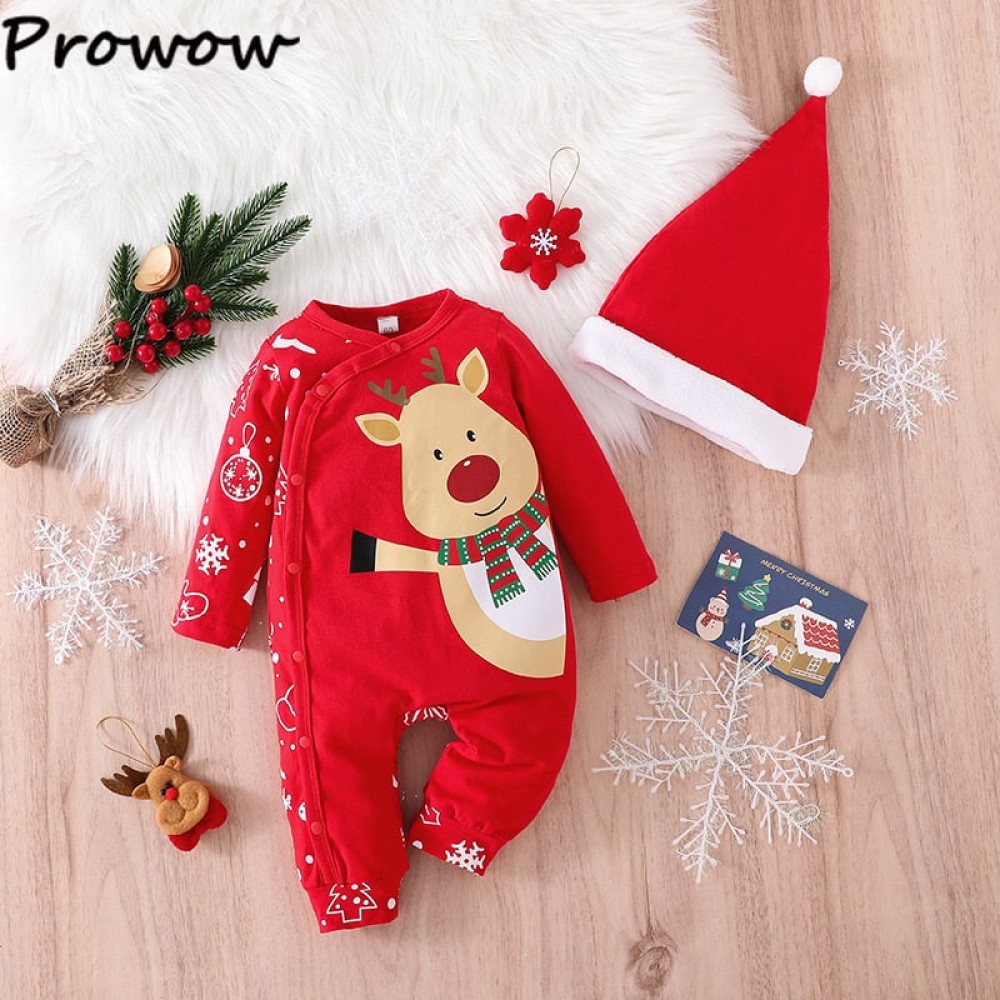 Baby Christmas Deer Romper Jumpsuit with Hat - My First New Year Outfit 0-18M