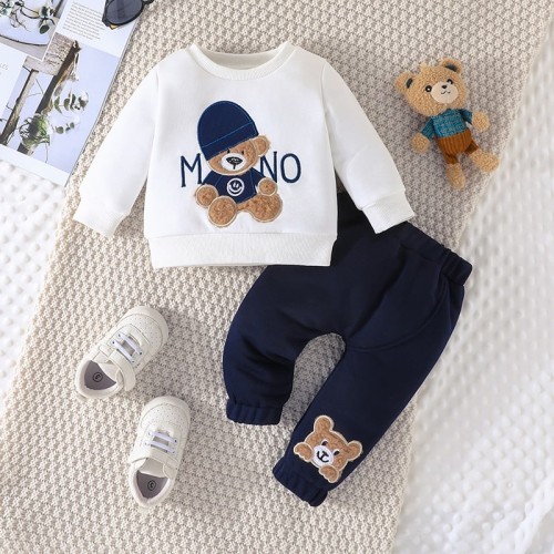 Casual Cartoon Bear Long Sleeve Tee & Navy Pants Set for Toddlers (3-24 Months)