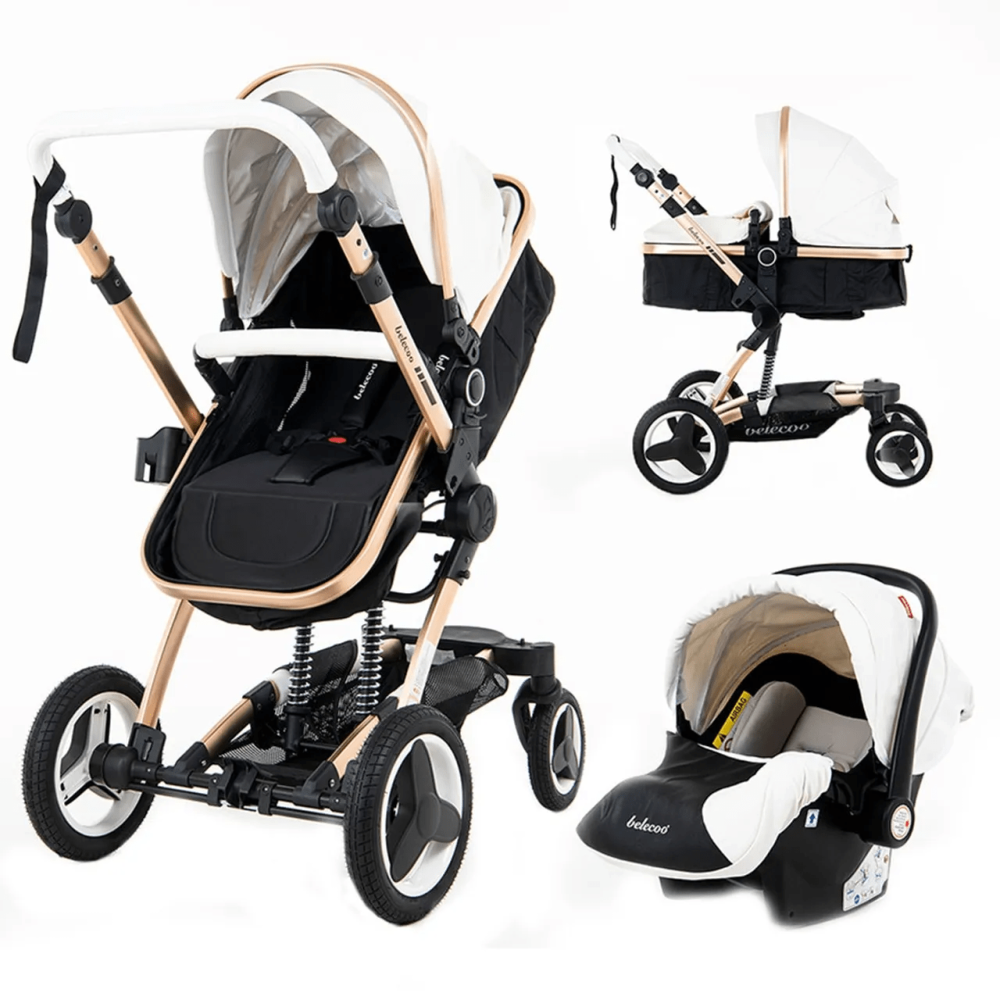 Belecoo 4-in-1 Luxury Pram Stroller Set-White / Khaki