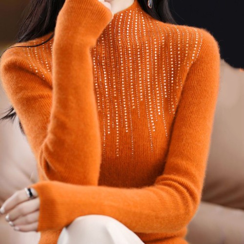 Lucyever Crystal Rhinestone Turtleneck Slim Knitted Sweater