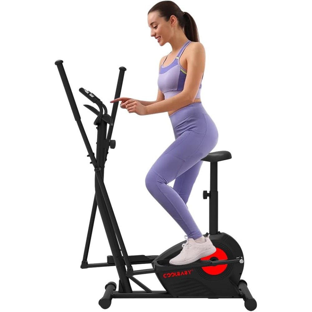 COOLBABY Elliptical Machine with Seat, 8 Resistance Levels, Pulse Rate Grips, LCD Monitor, 130KG Capacity