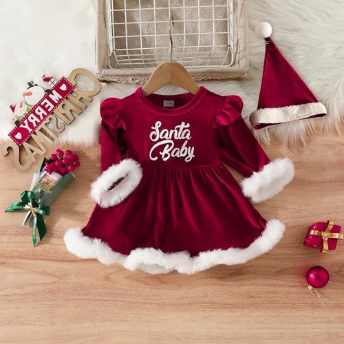 Adorable Baby Girl Christmas Dress with Santa Hat – Newborn Velvet Onesie for the Holidays