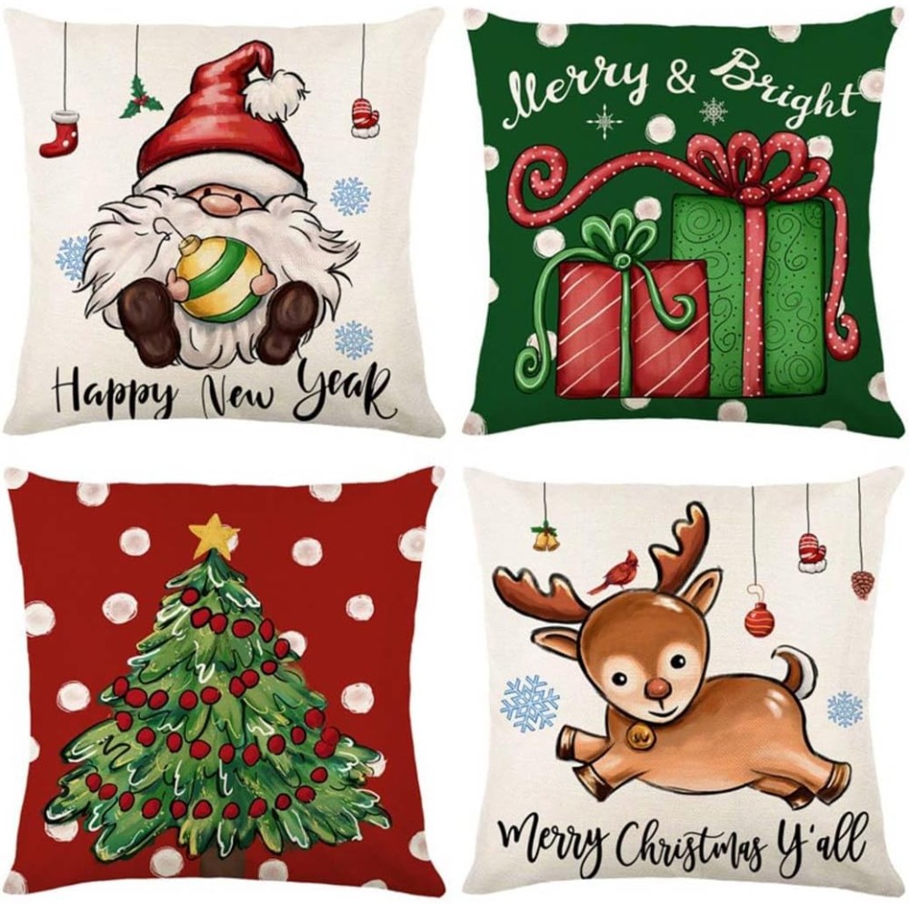 Christmas Pillow Covers, 4 PCS, 18"x18", Tree, Reindeer & Snowman Designs for Holiday Decoration