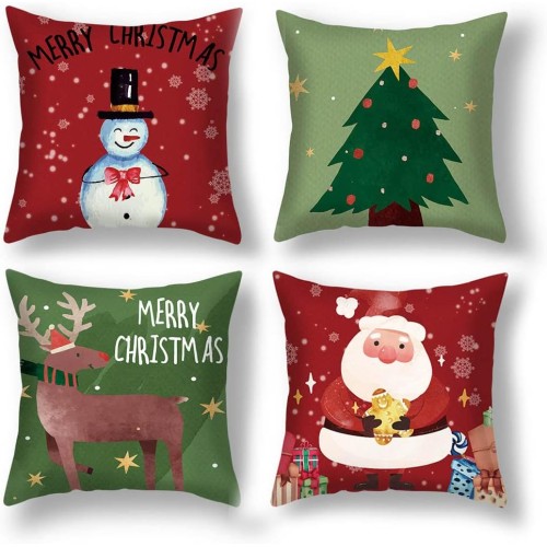 Christmas Pillow Covers, 4 PCS, 18"x18", Tree, Reindeer & Snowman Designs for Holiday Decor