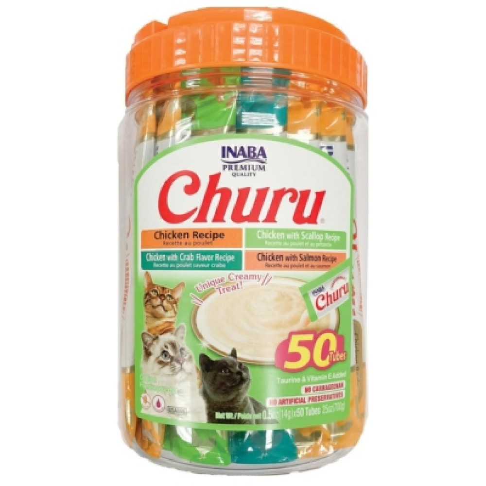 INABA Churu Cat Treats - Grain-Free, Lickable Creamy Purée, Chicken & Seafood, 50 Tubes