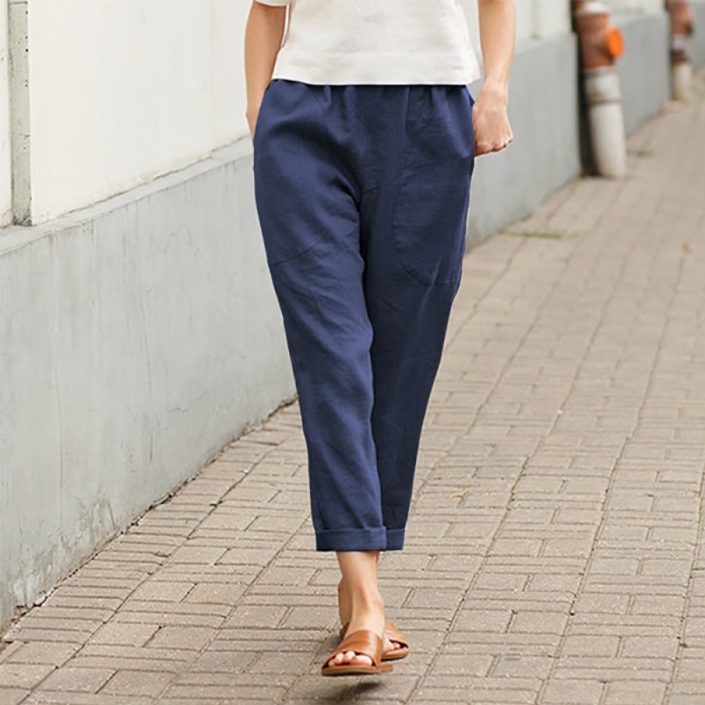 Women's Cotton & Linen Casual Pants | Large Pockets, Straight Fit, Elastic Waist for Spring/Summer