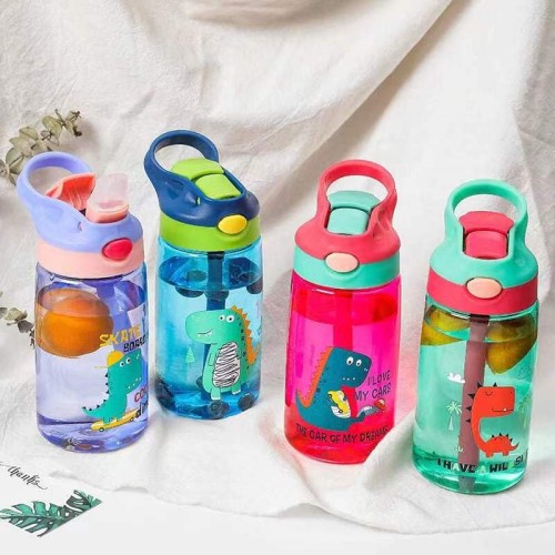 Cute Dinosaur Cartoon Straw Cup – 480ml Kids Outdoor Sports Water Bottle