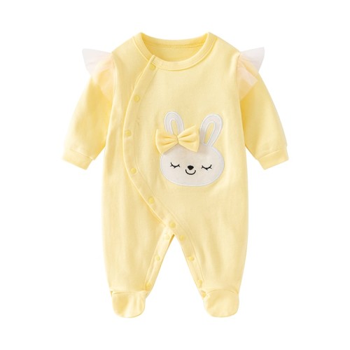 Newborn Baby Girl Long Sleeve Cotton Jumpsuit with Cartoon Rabbit Embroidery, Spring & Fall Romper