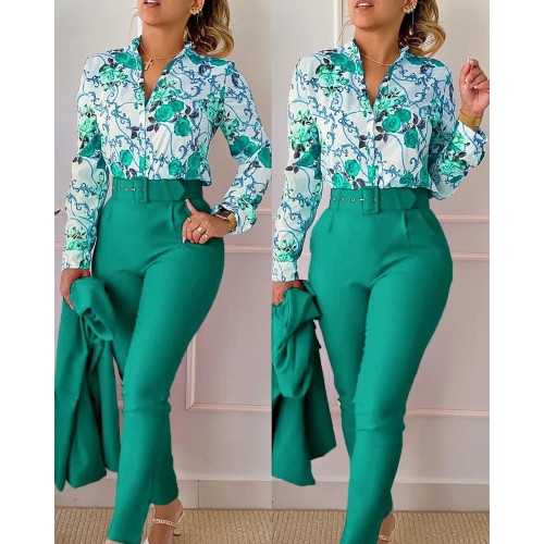 Elegant Print Shirt and High Waist Pant Two-Piece Set for Women – Spring/Autumn Fashion