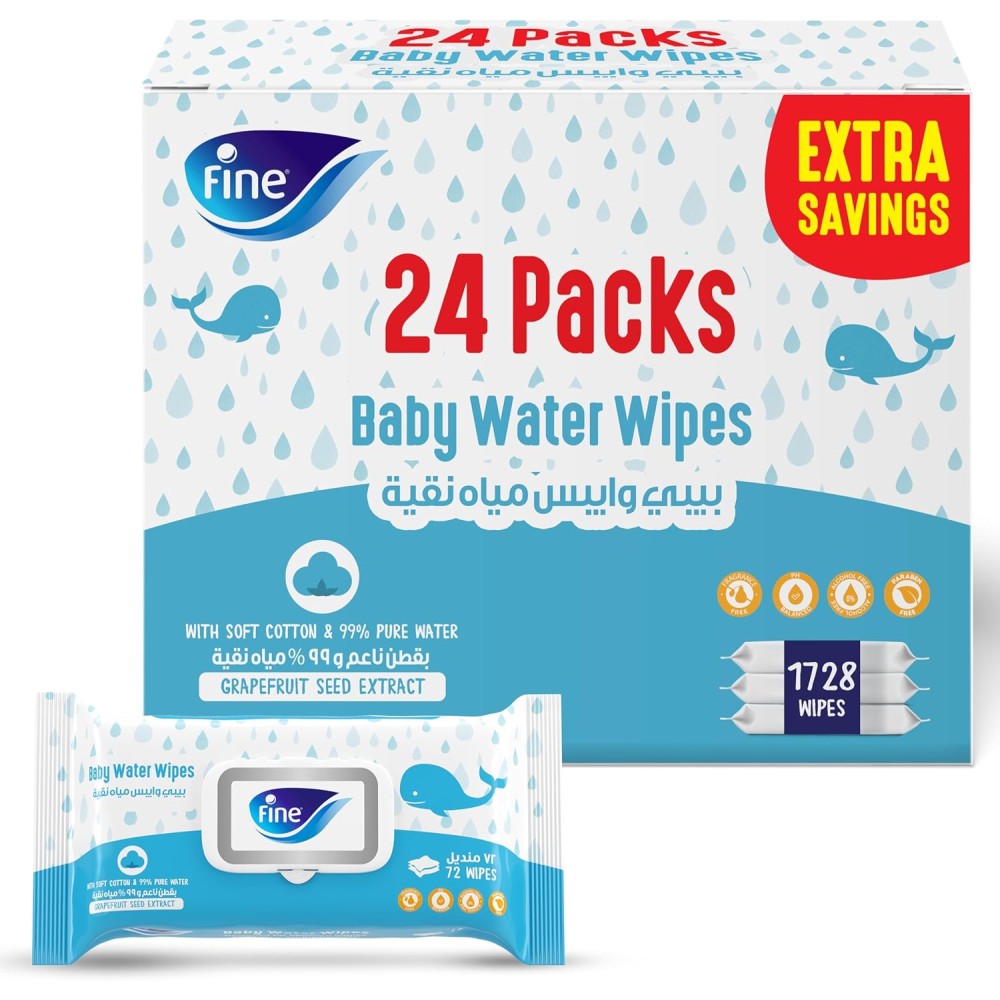 Fine Baby Water Wipes, 99% Pure Water – Alcohol, Fragrance & Paraben-Free, 1,728 Wipes (24 Packs)