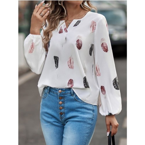 Elegant Feather Print Chiffon Blouse – Long Sleeve Women’s Stylish Casual Top