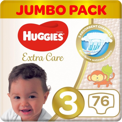 Huggies Extra Care, Size 3 (4-9 kg), Jumbo Pack – 76 Diapers for Ultimate Comfort