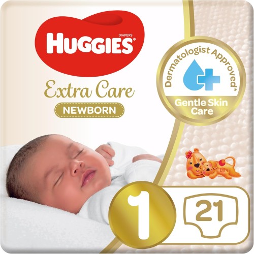 Huggies Extra Care Newborn, Size 1 (Up to 5 kg), Twin Jumbo Pack – 21/64/84/128 Diapers for Soft & Gentle Protection