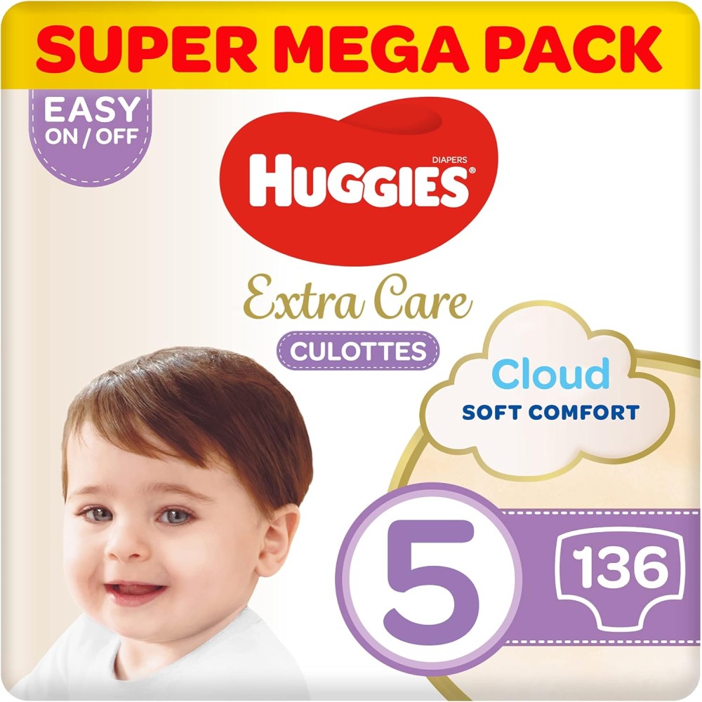 Huggies Extra Care Culottes, Size 5 (12-17 kg), Super Mega Pack – 136 Diaper Pants for Comfort & Protection