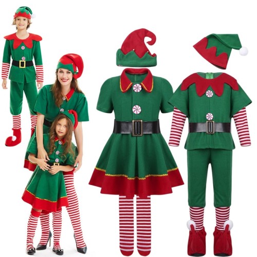 Christmas Elf Family Costume - Green Santa Claus Role-Playing Outfit for Men, Women, Boys, and Girls