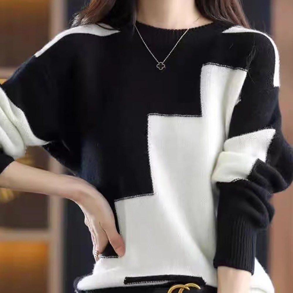 Women’s Patchwork Knit Warm Sweater – O-Neck Casual Thermal Pullover