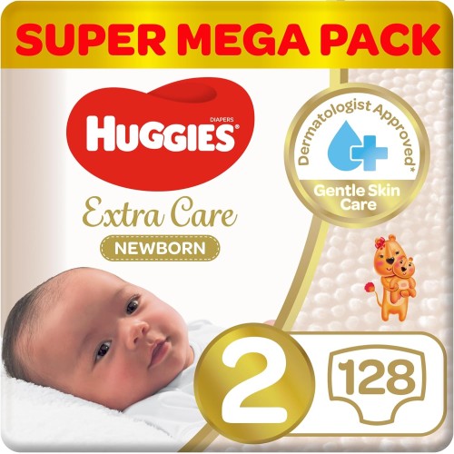 Huggies Extra Care Newborn, Size 2 (4-6 kg), Twin Jumbo Pack – 128 Diapers for Ultimate Protection