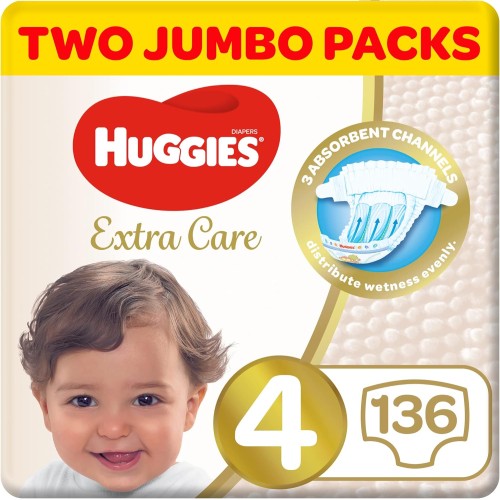 Huggies Extra Care, Size 4 (8-14 kg), Twin Jumbo Pack – 136 Diapers for Ultimate Comfort