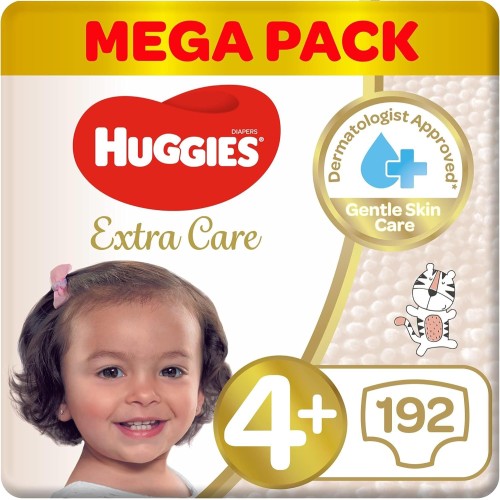 Huggies Extra Care, Size 4+ (10-16 kg), Super Mega Pack – 38/64/128/192 Diapers for Superior Comfort & Protection