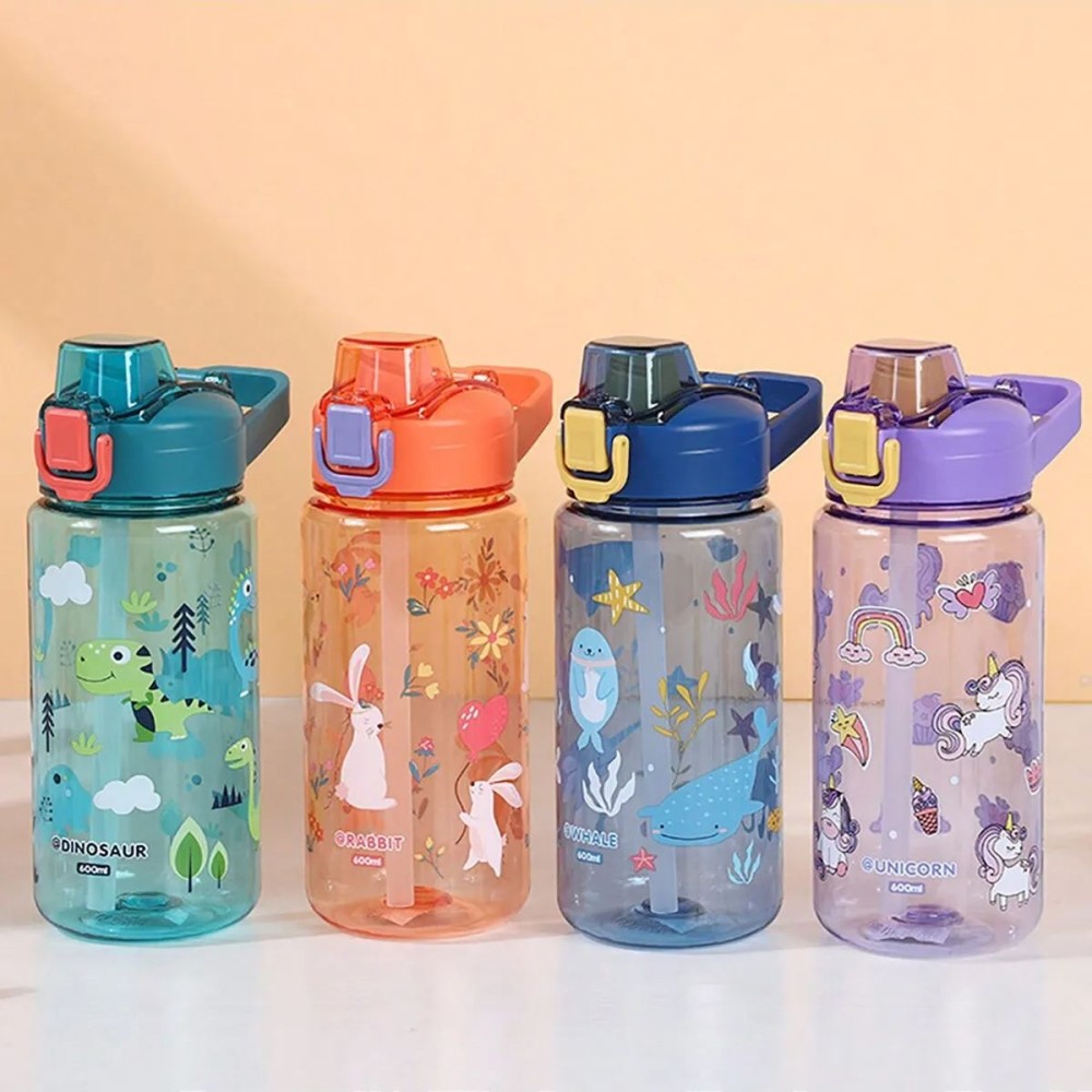 600ml Student Sippy Cup – Creative Cartoon Feeding Bottle with Straw & Lid