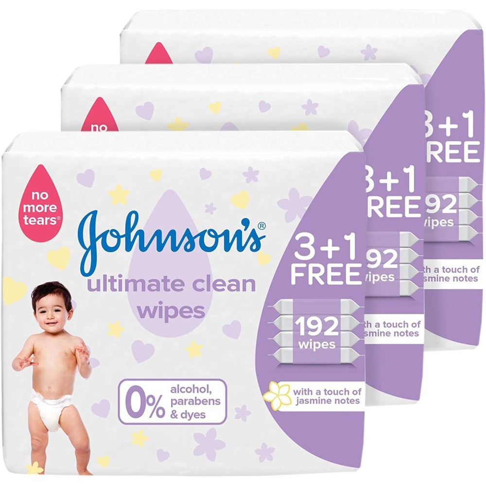 Johnson's Baby No More Tears Ultimate Clean Wipes, 12 Packs (576 Wipes), Touch of Jasmine, pH Balanced