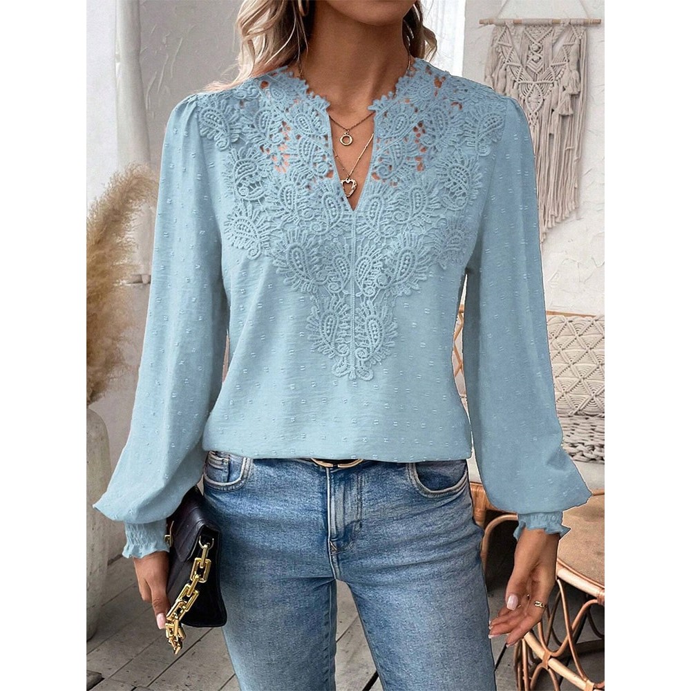 Luxury Lace Hollowed V-Neck Long Sleeve Shirt for Women – Elegant Office Blouse