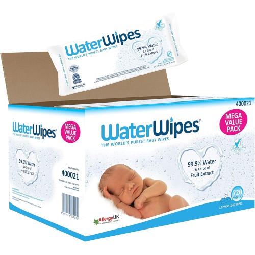 WaterWipes Mega Value Box - 720 Baby Wipes (12 Pouches x 60 Sheets), Biodegradable, Gentle