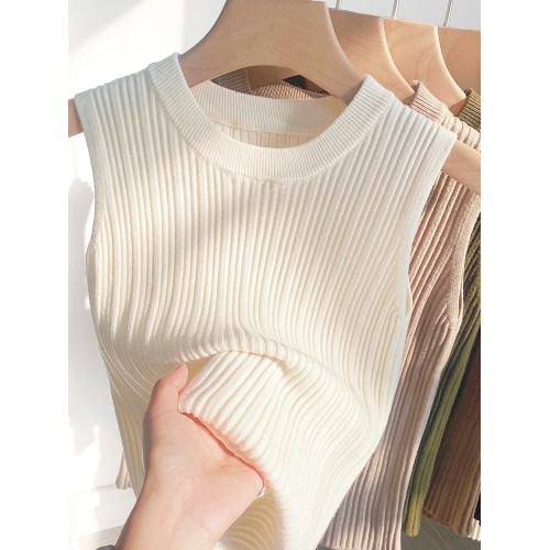 Korea Knitted Sleeveless Tank Top - Women’s O-Neck Casual Y2K Summer Blusa (One Size)