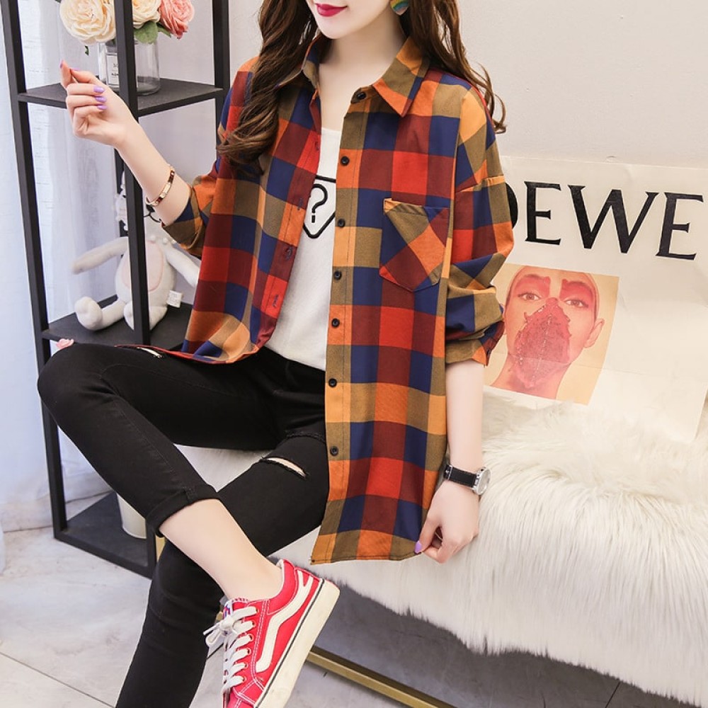 Women’s Spring Autumn Plaid Long Sleeve Blouse – Casual Oversized Y2K Tops