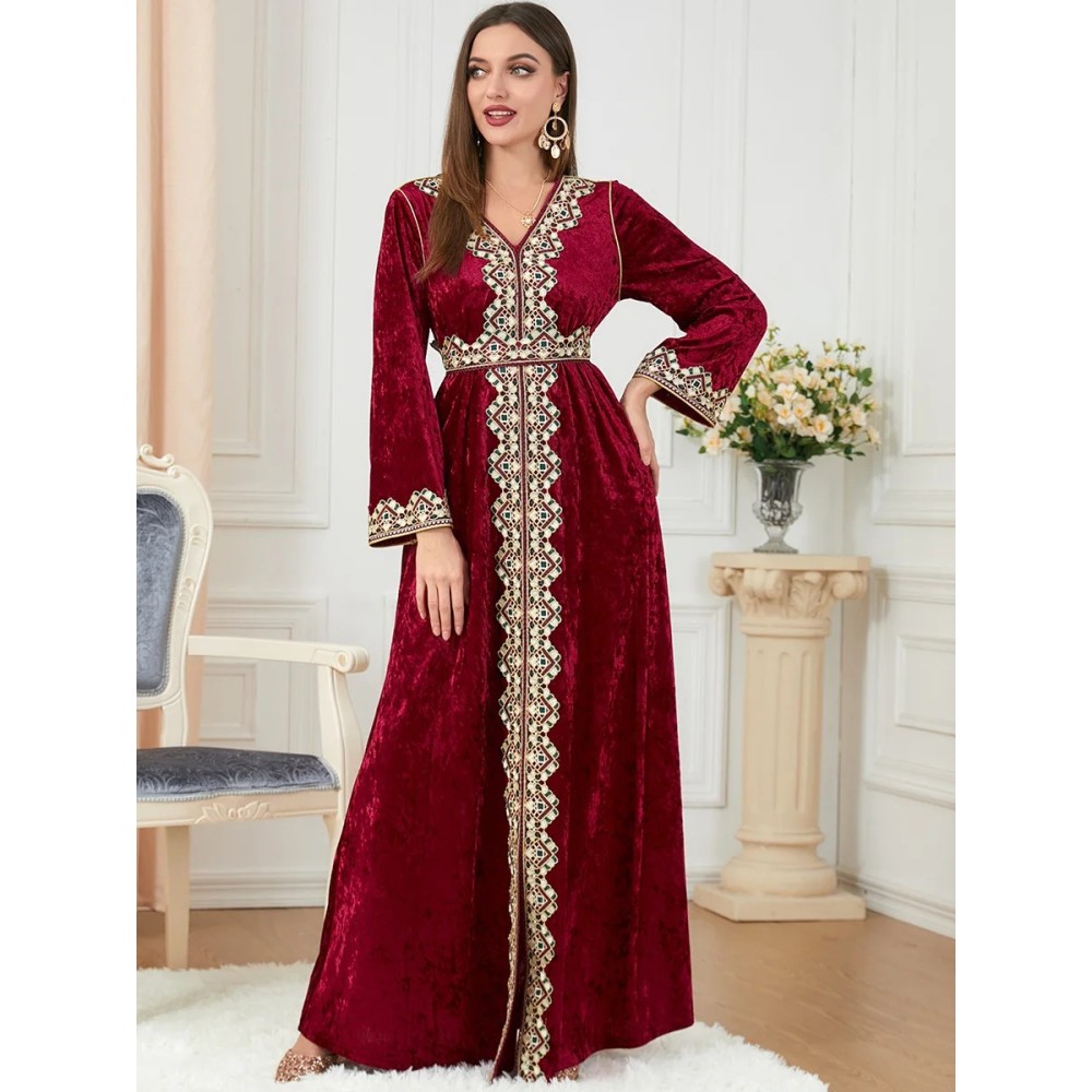 Dubai Velvet Dress | Long Kimono Jubah Abaya with Floral Design