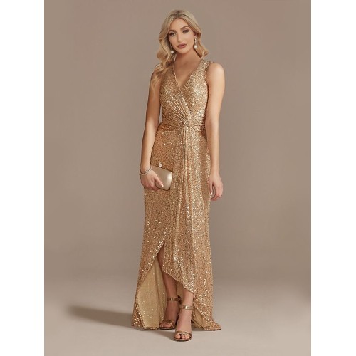 Luxury V-Neck Sequined Evening Dress – Floor-Length Slit Cocktail Dress for Women 2024