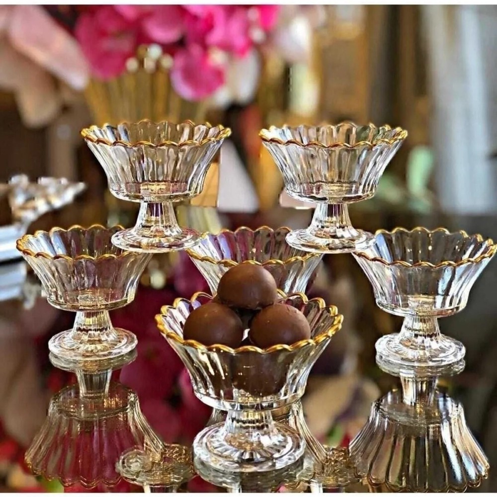 EVRA 6-Piece Glass Footed Gilded Sugar Bowl and Turkish Delight Presentation Set