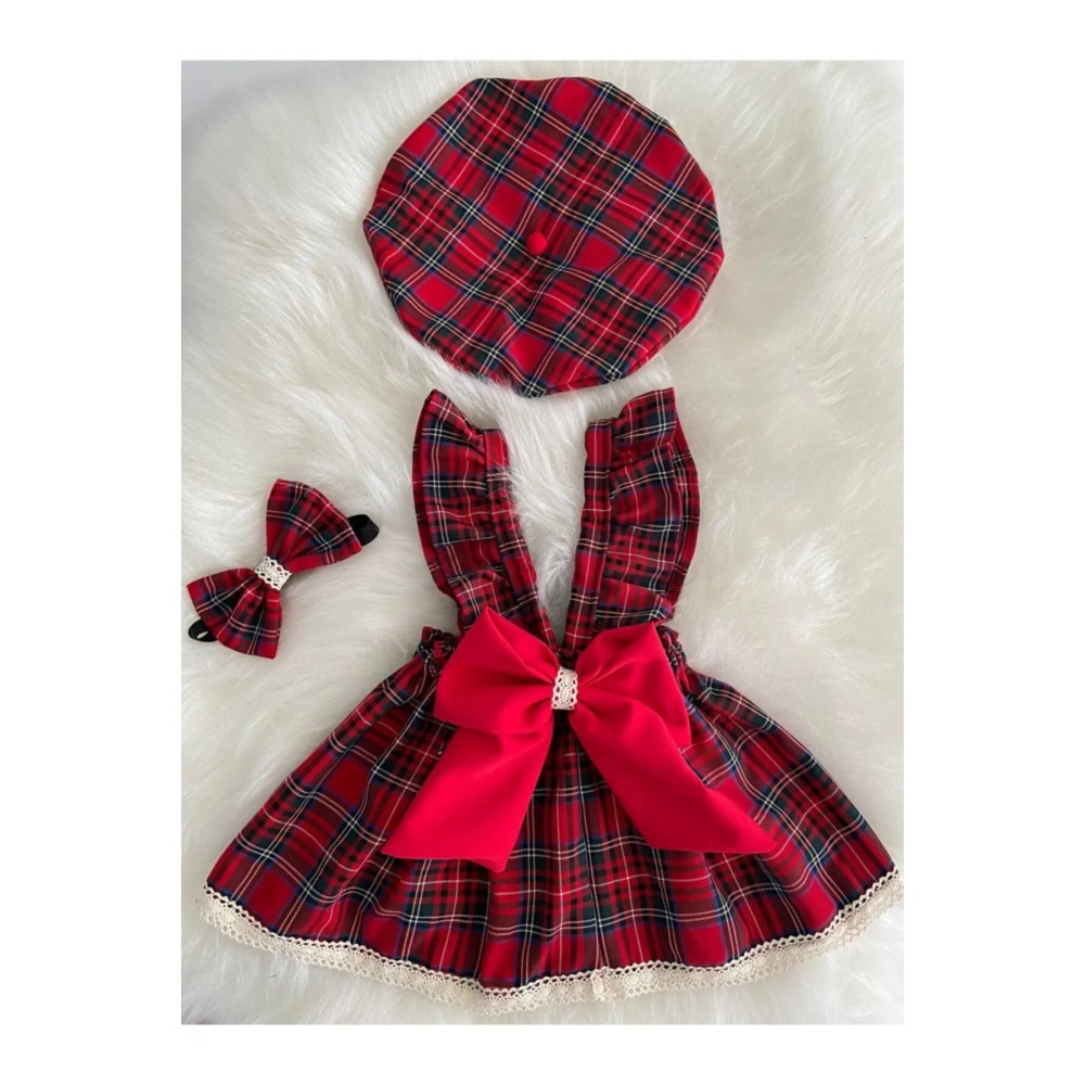 Red Plaid Baby Girl Dress with Bandana Hat Set – Ruffled Summer Look