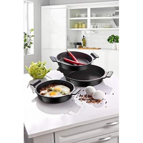 Lavonni 3-Piece Capless Cast Iron Sahan Set - Non-Stick Granite Pans (18cm, 20cm, 22cm)