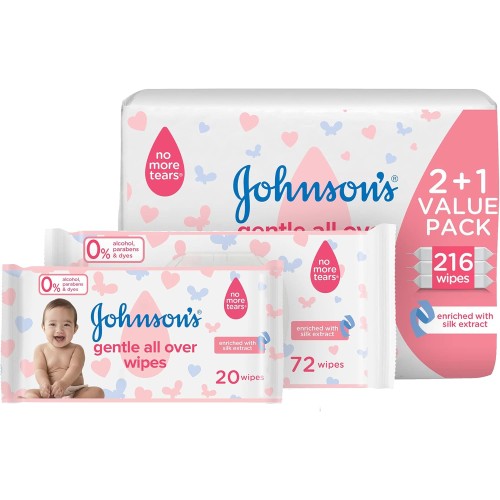 Johnson's Baby Wipes - Gentle All Over, Alcohol-Free, Enriched with Silk Extract, 216 Count