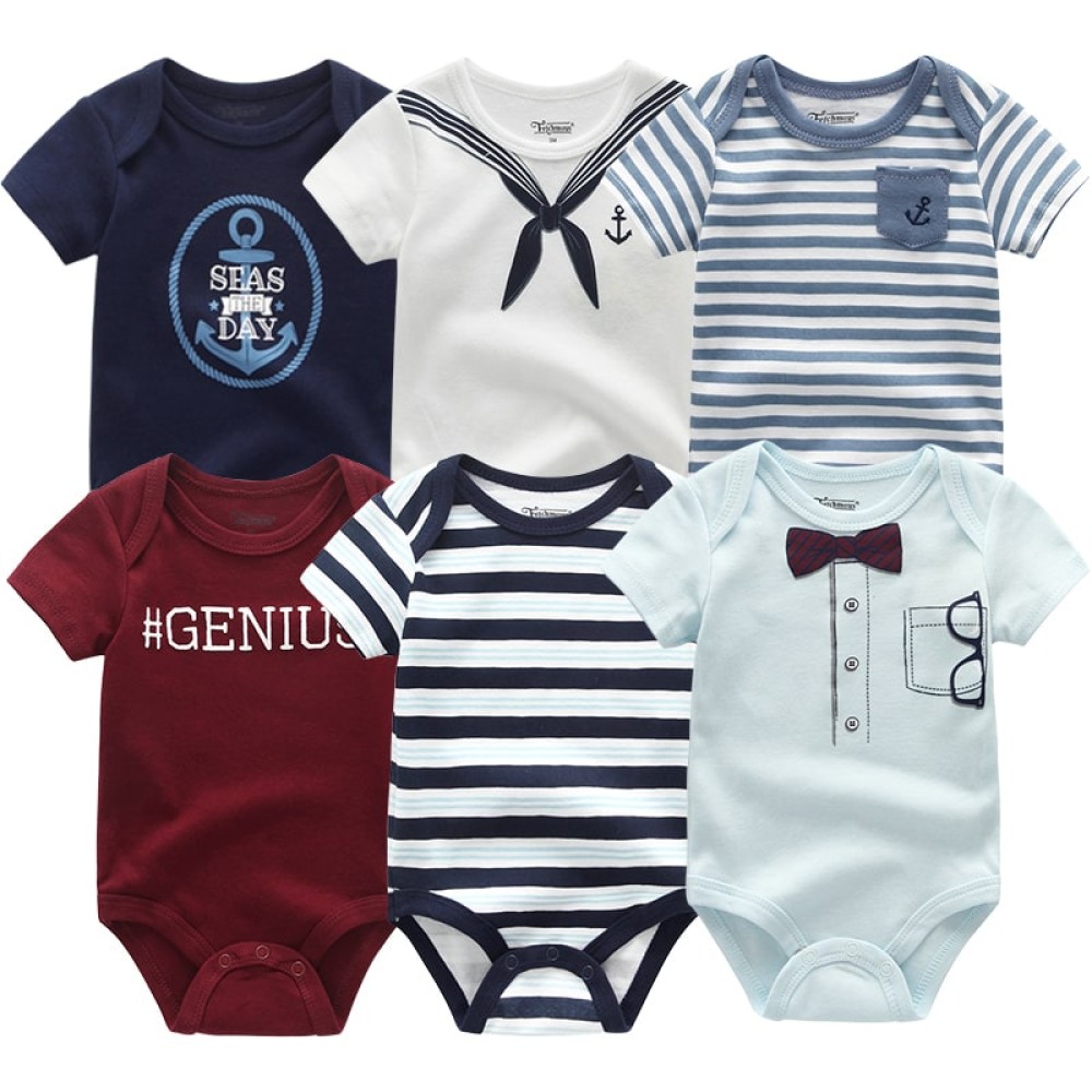 6PCS Unisex Newborn Baby Captain Jumpsuits Set - 100% Cotton