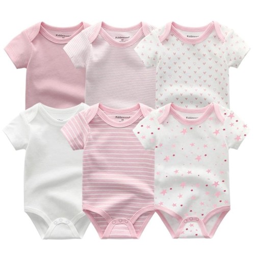 6PCS Unisex Newborn Baby Pink Stars Jumpsuits Set - 100% Cotton