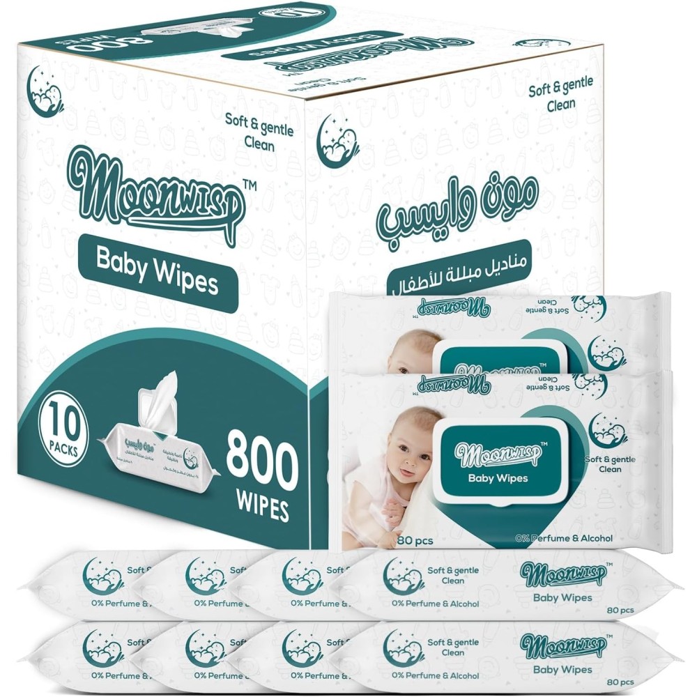 Moonwisp Baby Wipes - Unscented, Alcohol-Free, Soft & Gentle Water Wipes for Sensitive Skin - 800 Count (10 Packs)